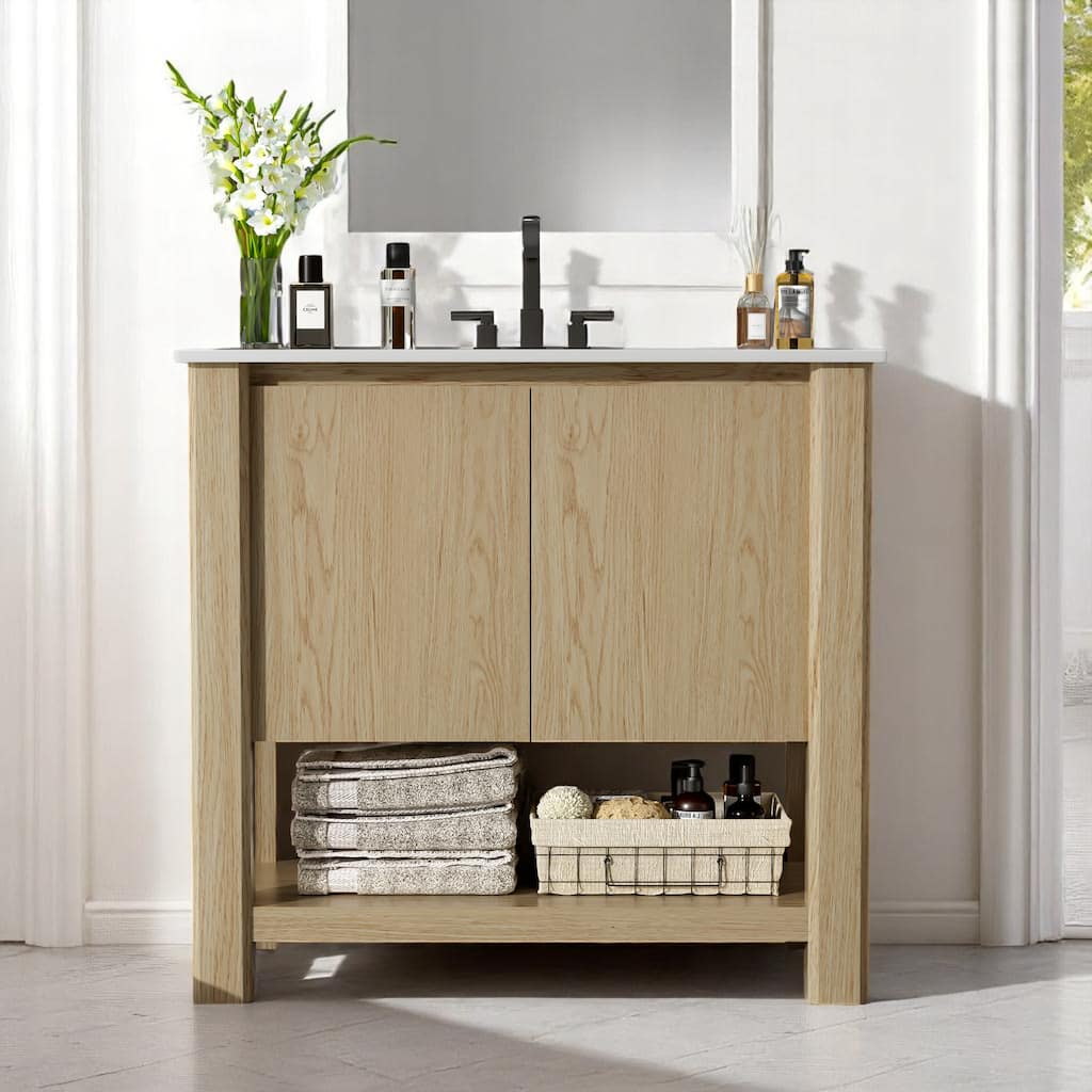 36" Bathroom Vanity with Large Cabinet, Soft-Close Doors, 45-Degree Free Handle Design & Open Bottom Shelf