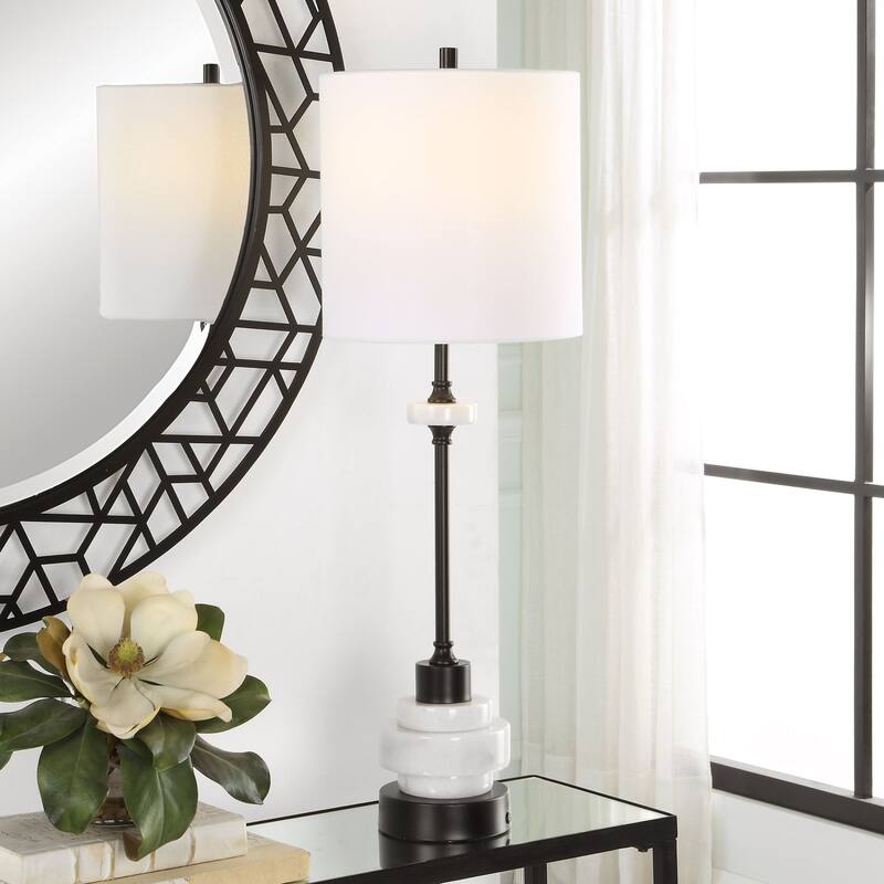 Stacked Marble Buffet Lamp with Petite Drum Shade - 32.5" - Black and White