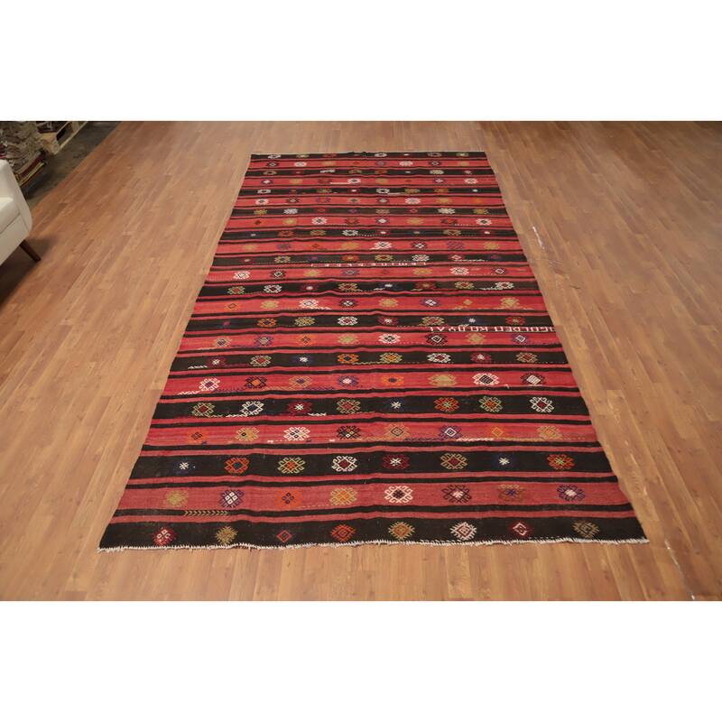 Hand Woven Oriental 100% Wool Carpet Southwestern Tribal Red Kilim Area Rug - 12' 2'' X 6' 8''