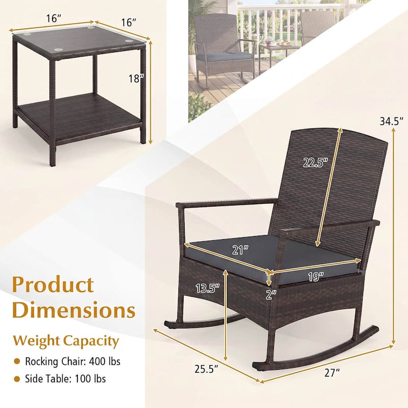 Costway 3 Piece Patio Rocking Set Wicker Rocking Chairs with 2-Tier - See Details