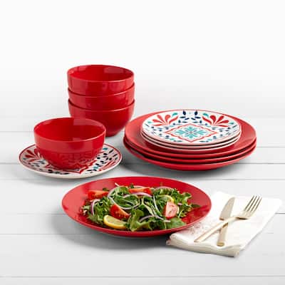 Tabletops Gallery Camila 12 Piece Red Porcelain Round Dinnerware Set - Service for 4