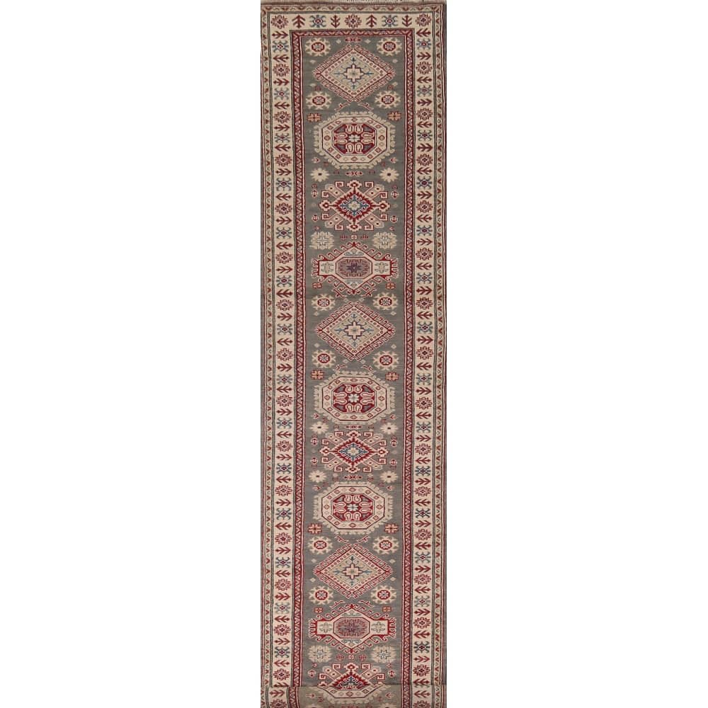 Gray Geometric Kazak Oriental Runner Rug Handmade Wool Carpet - 2'8" x 16'4"
