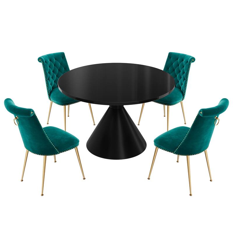 48" Light Luxury Black High Gloss Large Countertop Dining Table with Velvet Dining Chair Set - Dark Green