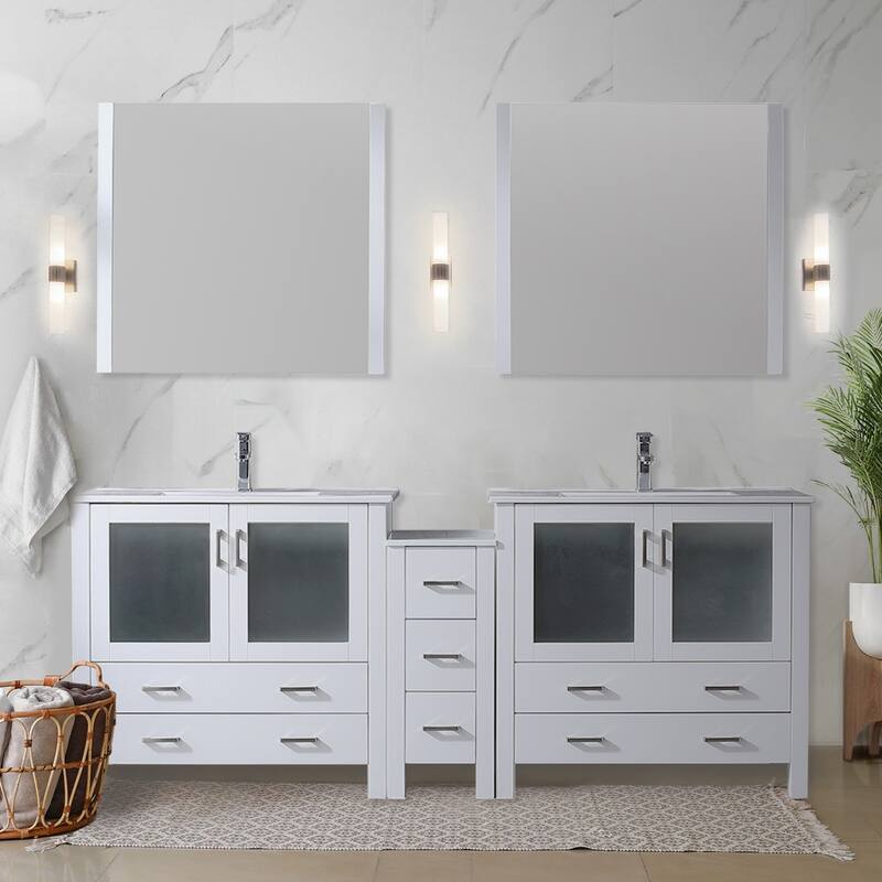 Volez Double Bath Vanity with Side Cabinet, Faucet Set, White Ceramic Top and Mirrors
