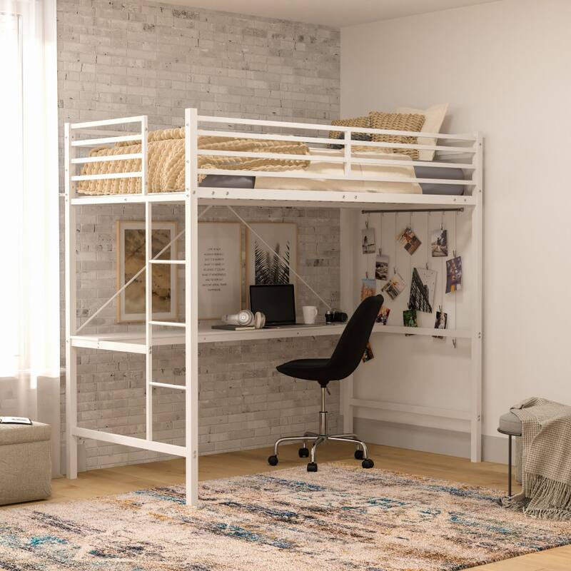 Sturdy Metal Loft Bed Frame with Desk and Safety Rails - White