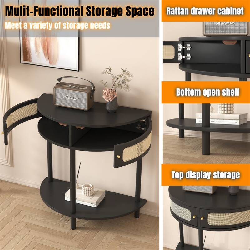 Unique Half Moon Design End Table with Sliding Rattan Door