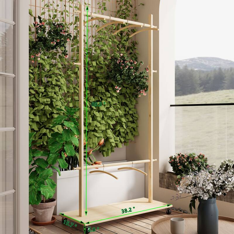 Anmytek Solid Finnish Pine Rolling Garment Rack with 2 Hanging Rods & Shelf, Freestanding Clothes Organizer with Lockable Wheels