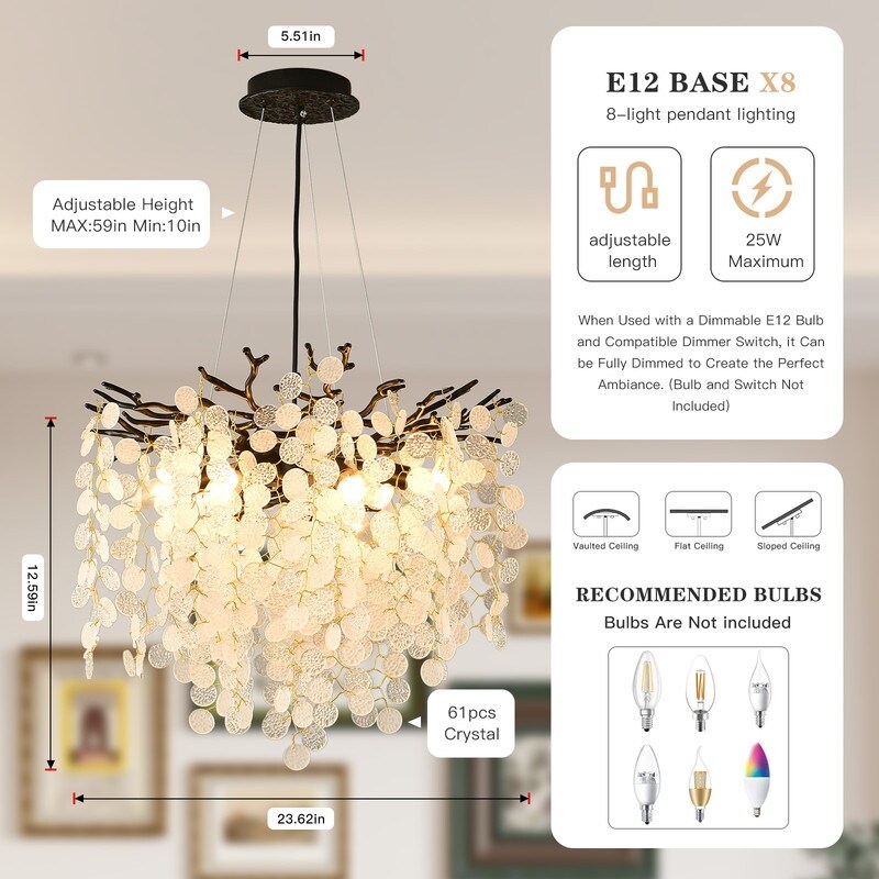 Modern 6-Light Adjustable Crystal Branch Chandelier Pendant Light-image