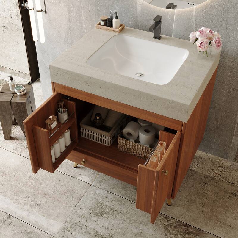 Mid-Century 30" Freestanding Bathroom Vanity with Faux Marble Top, Ceramic Sink & Gold Legs Cabinet