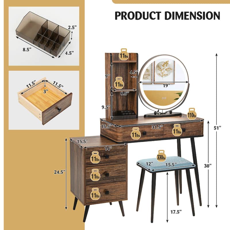 Costway Vanity Makeup Table Set 3-Color Dimmable Human Body Induction - See Details