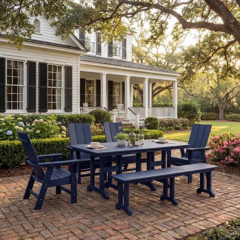 Shoreside 6-Piece Rectangular Poly Eco-Friendly All Weather Outdoor Dining Set with Bench - Navy Blue
