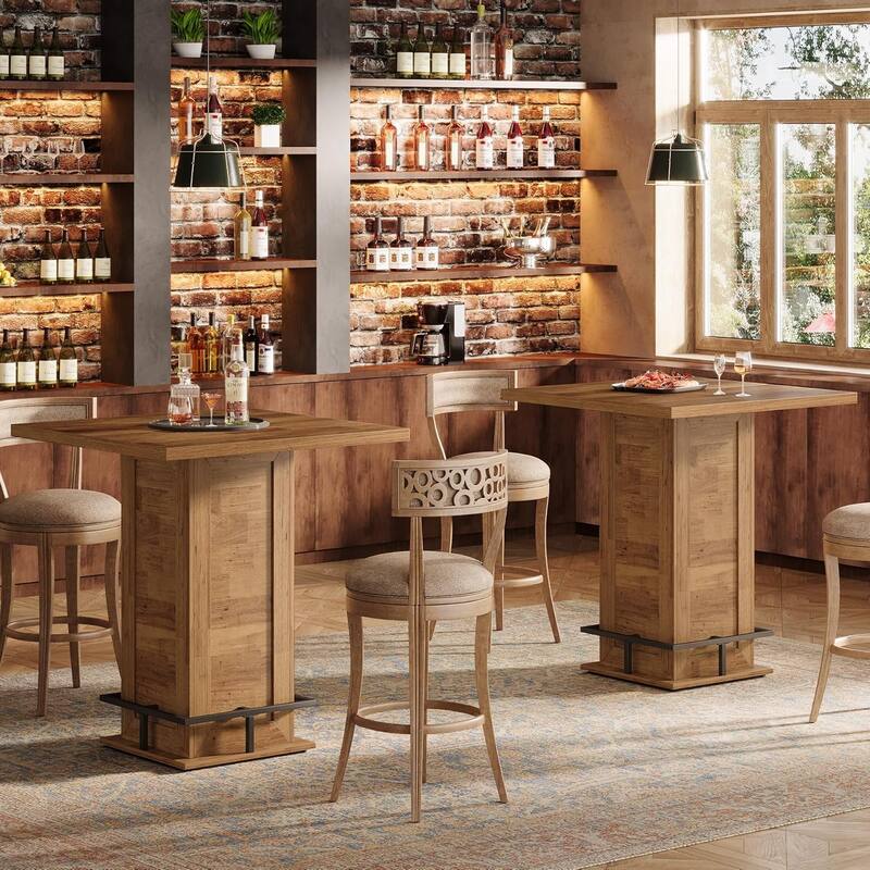 39.4" H Square Bar Table, Industrial High Top Bistro Pub Table - 2-Piece Brown