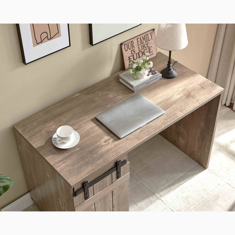 Home Office Desk Hazelnut One Cabinet Three Shelves Faux Barn Door on Metal Euro Hinges Modesty Panel - Brown