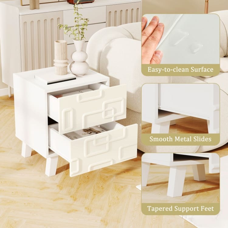 White Nightstand with 3D Geometric Drawer, 2 Drawers and Modern Design