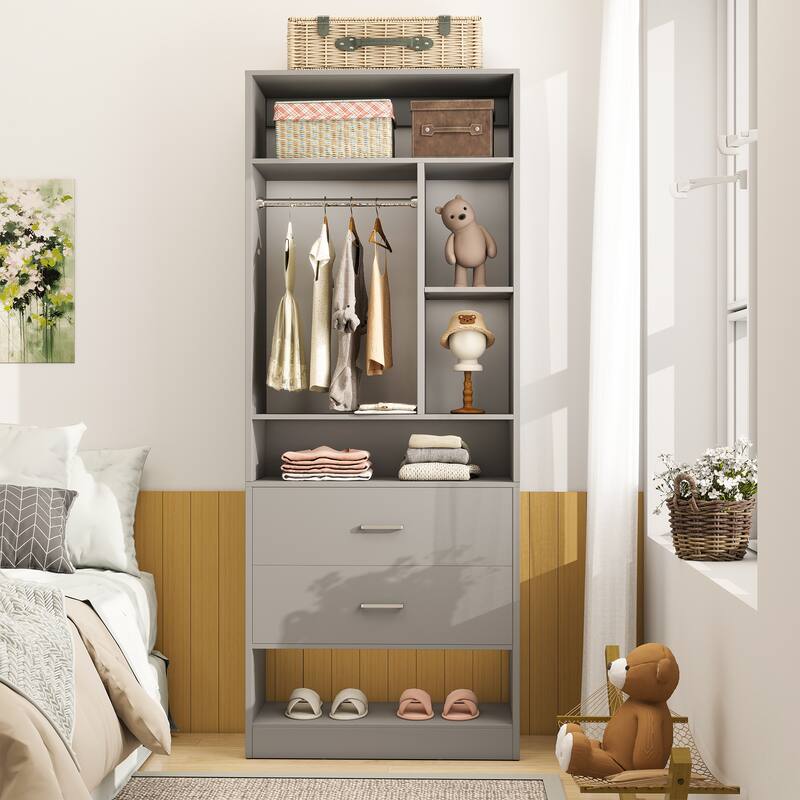 Kyrvo Freestanding 24" Closet System with 2 Wood Drawers,2FT Heavy Duty Walk-in Closet Organizer with 6 Shelves & Hanging Rod - Pure Gray