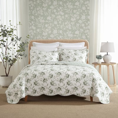 Laura Ashley Portland Floral Cotton Reversible Green Quilt Set