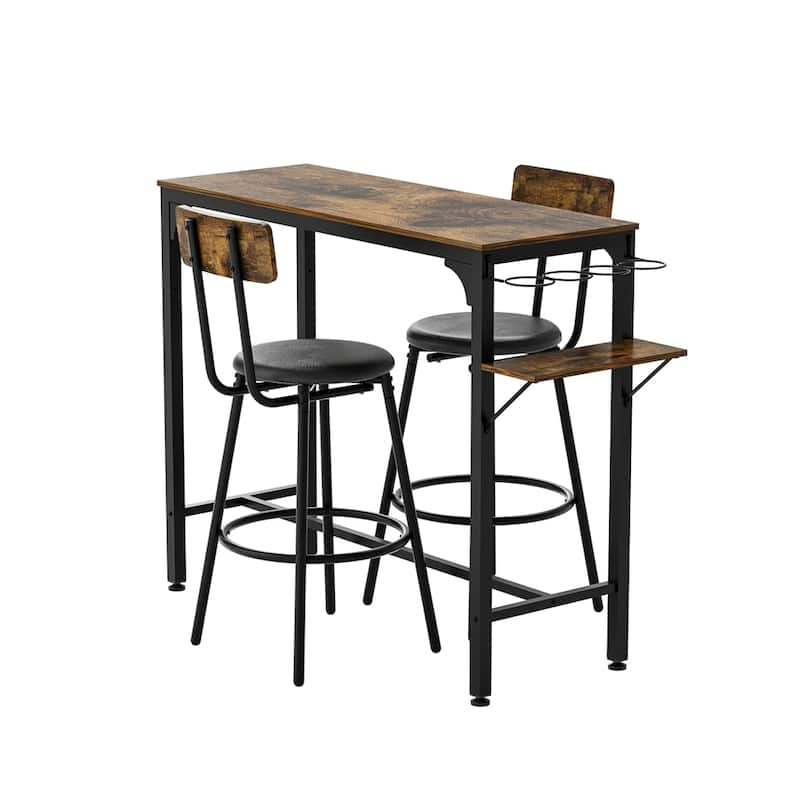 3 Pieces Industrial Dining Set with Wood Top and Wine Bottle Holder