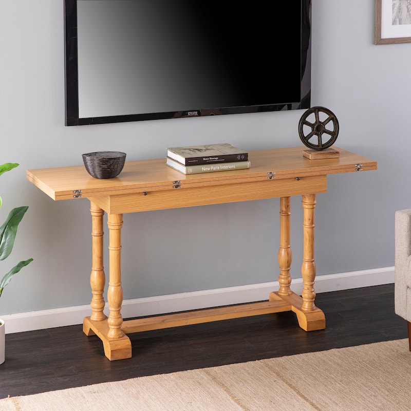 SEI Furniture Eddlewood Farmhouse Drop Leaf Trestle Console to Dining Table