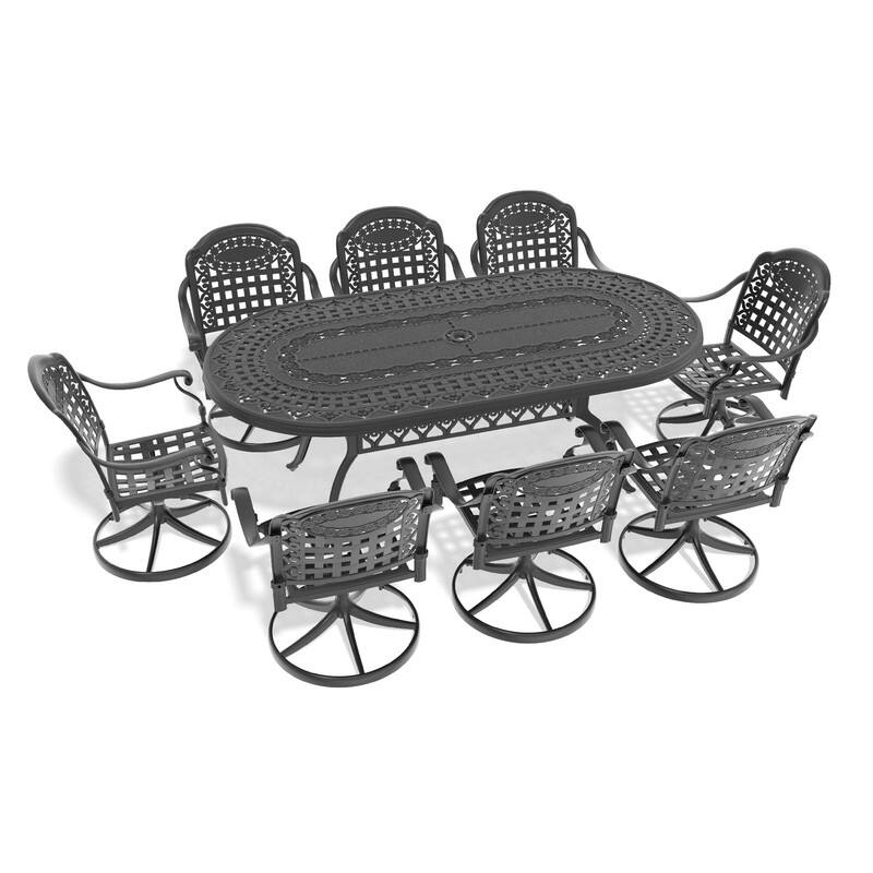 9-Piece Aluminum Oval Outdoor Patio Dining Set, 8 Cushioned Swivel Chairs, Table, All-Weather Frames