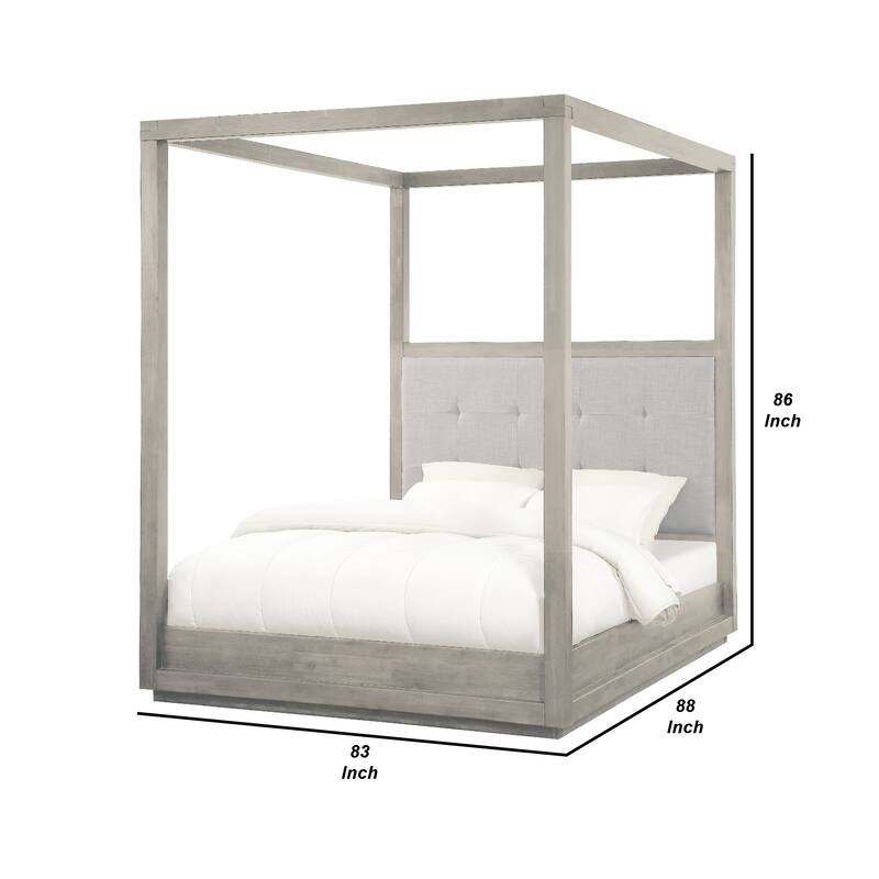 Kim Upholstered Acacia Wood Platform Canopy King Bed, Tufted, Heather Gray