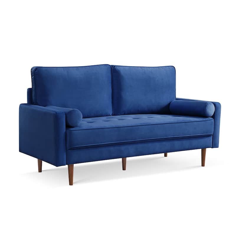 HomeRoots 69" Blue Velvet Sofa And Toss Pillows With Dark Brown Legs - 69