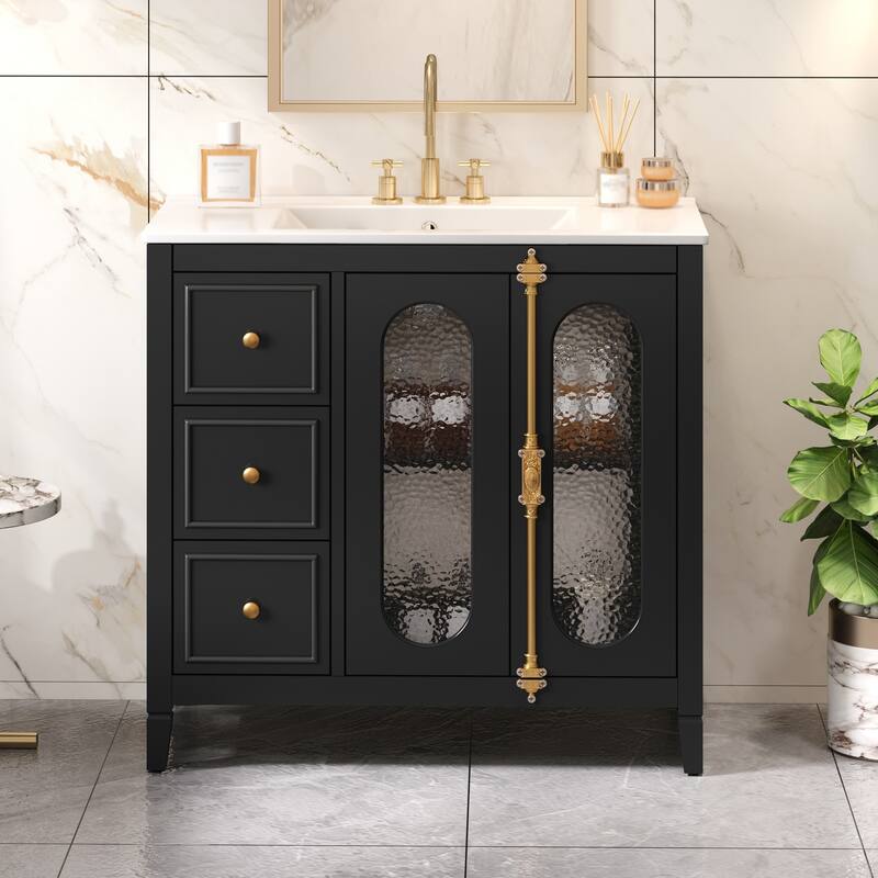 36-inch Bathroom Vanity with 2 Soft Close Doors, Solid Wood Frame Modern Bathroom Storage Cabinet with 3 Drawers
