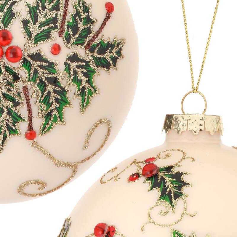 4" Glass Jewel Holly Vine Ball Ornament Set of 6