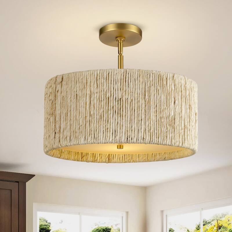LamQee Rattan Kitchen Island Chandelier Corn Rope Woven Pendant - 3-Light/16.6inch