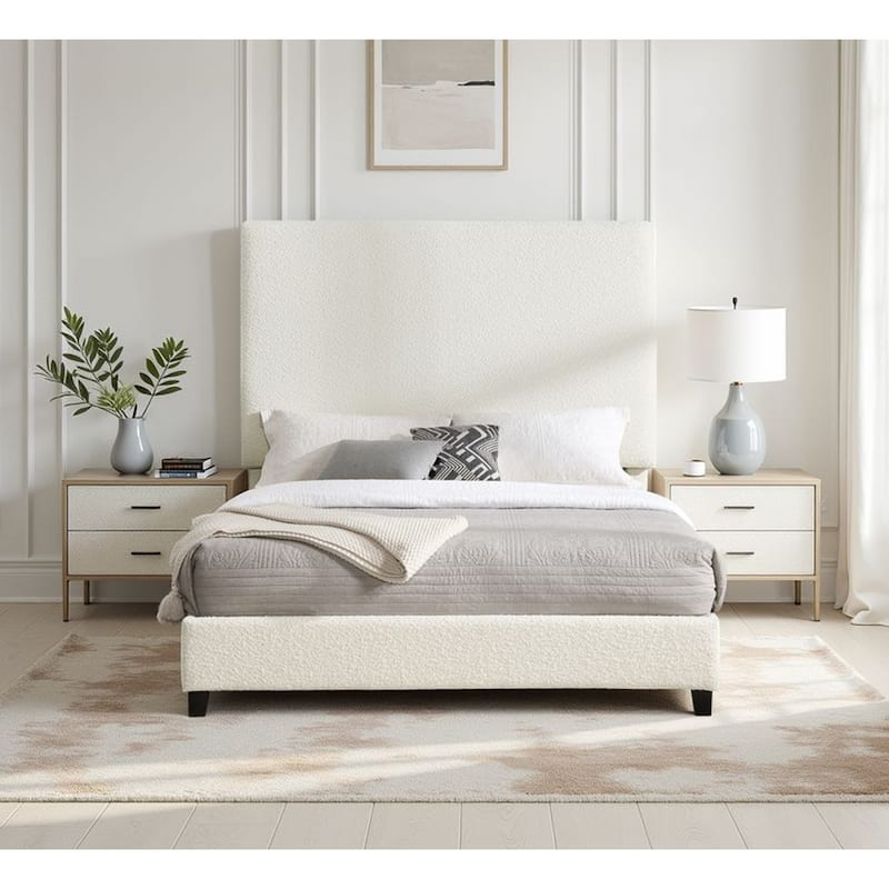 Bridgevine Home Tall White Boucle Panel Headboard Upholstered Platform Bed - Queen