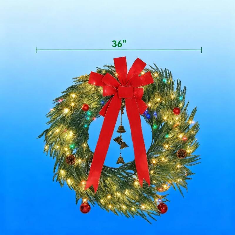 Anmytek 36" Festive Christmas Wreath - Front Door Decor with 8-Mode LED Lights & Ornaments