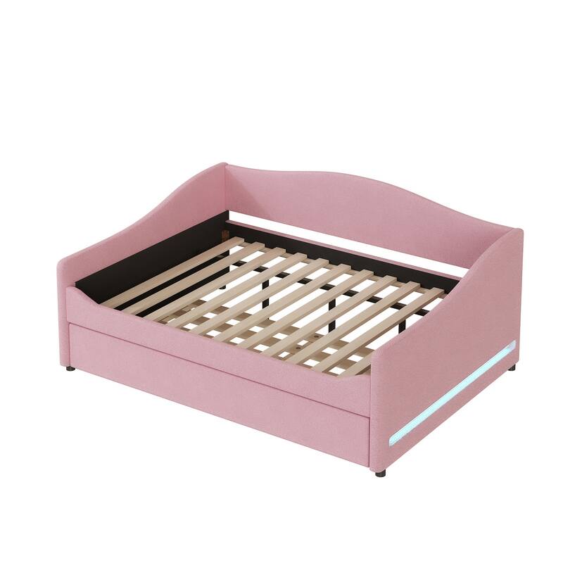 Pink Full Size Upholstered Daybed with Trundle and Light Stripes Design