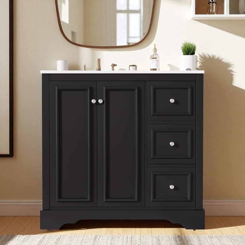 36" Transitional Bathroom Vanity with Ceramic Sink, 2 Soft-Close Doors, U-Shaped Adjustable Shelf & 3 Drawers