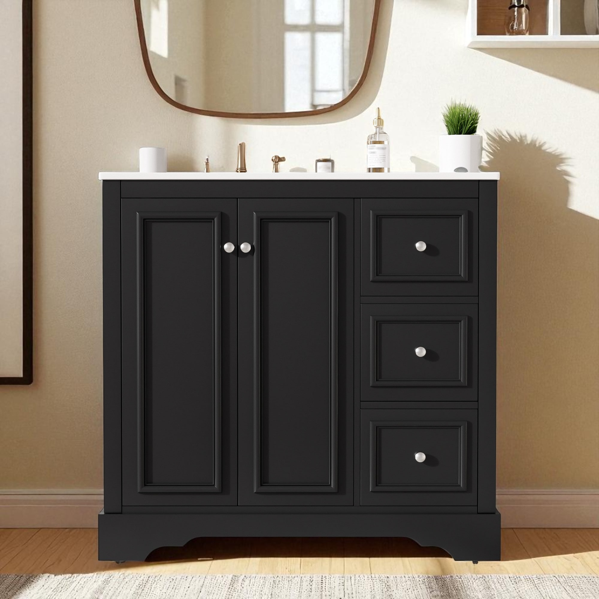 36" Transitional Bathroom Vanity with Ceramic Sink, 2 Soft-Close Doors, U-Shaped Adjustable Shelf & 3 Drawers