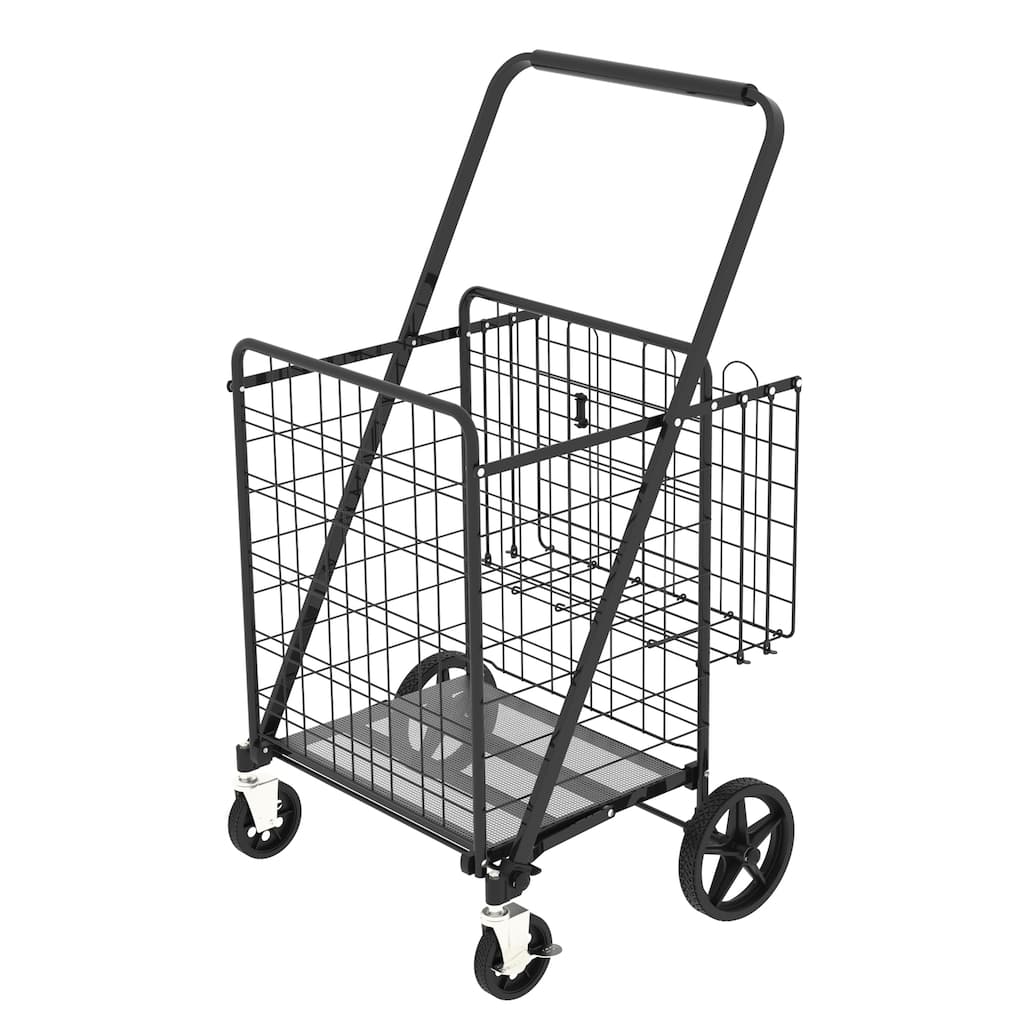 Foldable Grocery Shopping Cart w/ Brake & Double Basket and 360 Rolling Swivel Wheels