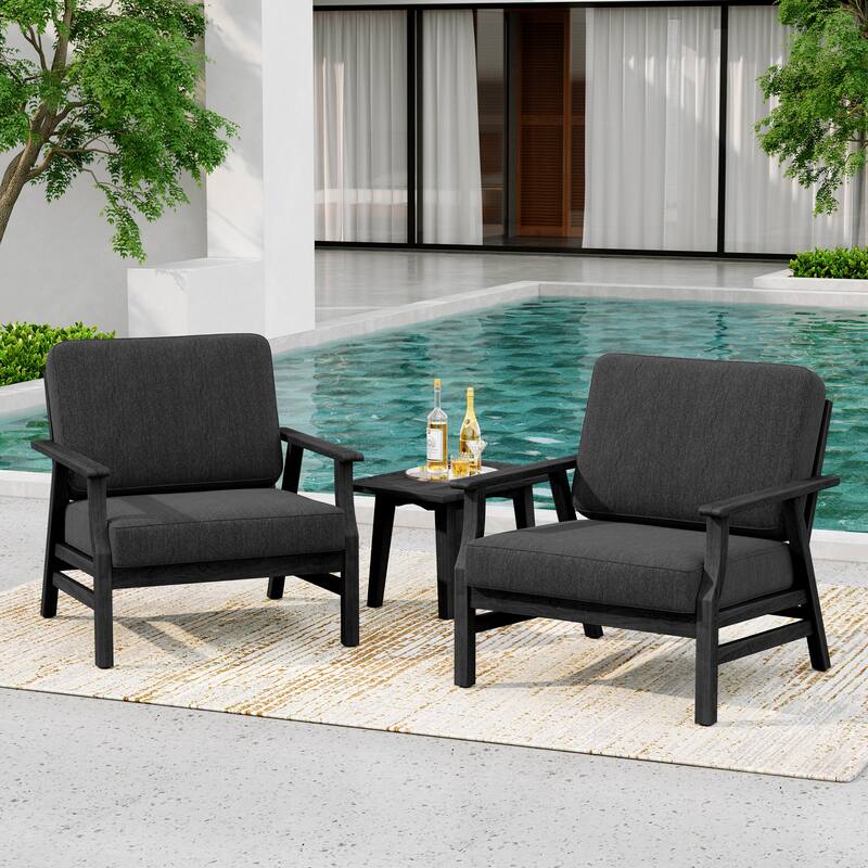 3-Piece Teak Outdoor Conversation Set with Cushions and Side Table - Dark Gray/Black Frame - Black Frame