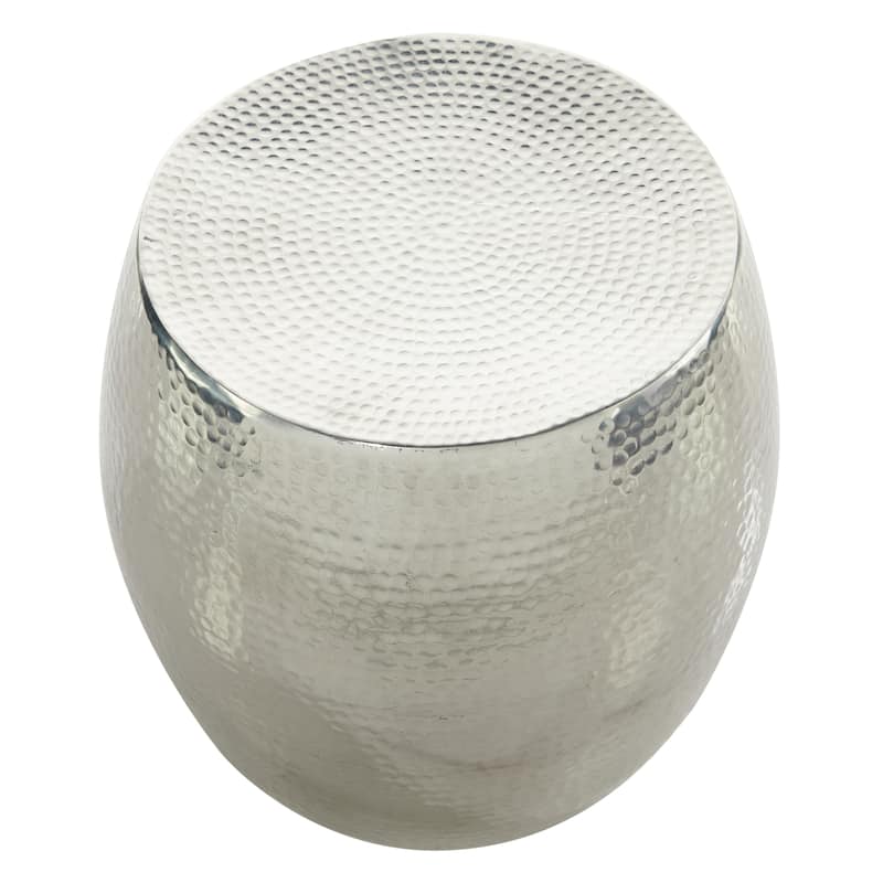 Aluminum Metal Drum Accent Table with Hammered Design - Silver - Roche River Decor - 14"W x 14"L x 16"H