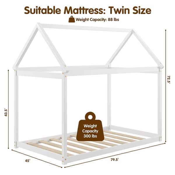 Twin House Bed Frame Solid Wood Kids Platform Floor Bed with Roof