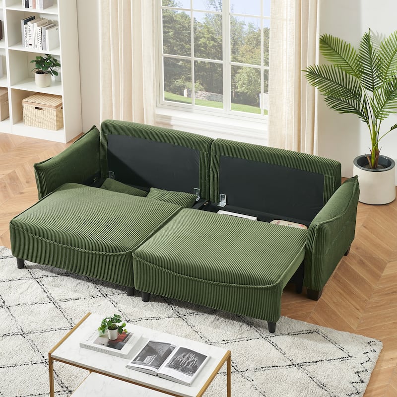 Green 87.79" Corduroy 3-seater Sofa Bed with Two Throw Pillows and Storage for Living Room