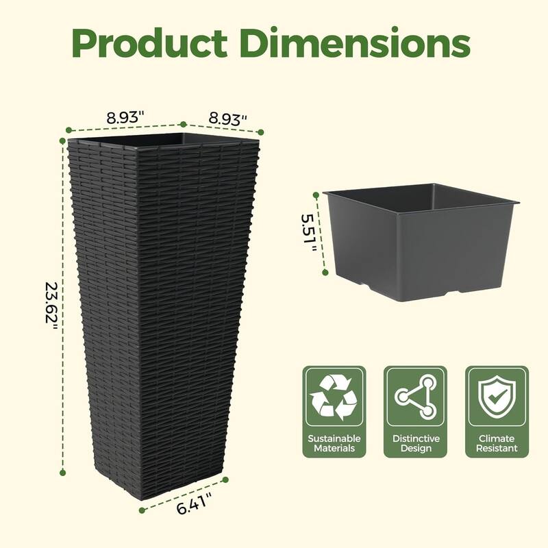 2 Pack 32-in Tall Rattan-Style Planters with Removable Liners and Drainage Hole with Belt Tray Black