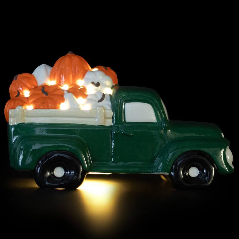 9.5" LED Green Ceramic Truck Hauling Pumpkins Autumn Harvest Decor