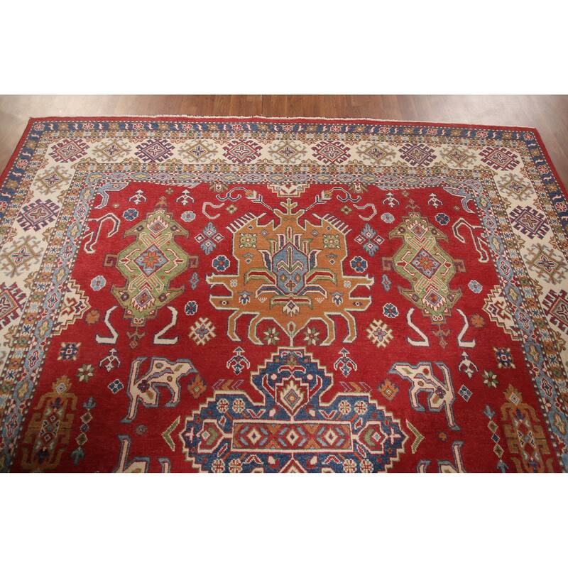 Geometric Kazak Oriental Area Rug Handmade Red Wool Carpet - 8'0" x 9'8"