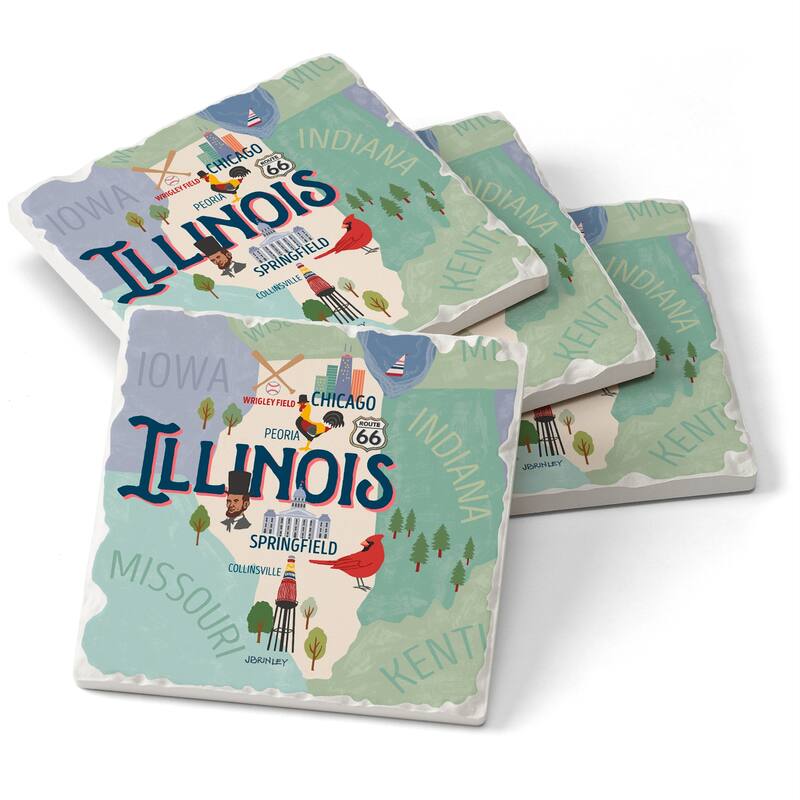 Absorbent Stone Beverage Coasters - Set of 4 - - State Attractions - IL - Multi-60