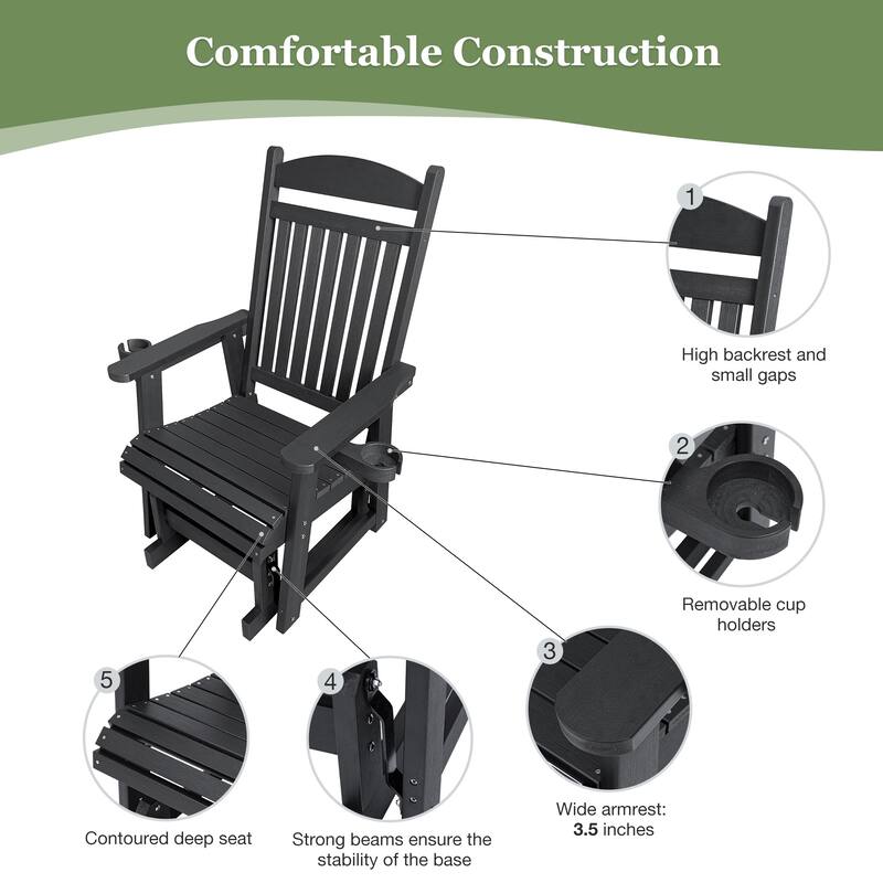 Poly Lumber Patio Glider for One Person with Cup Holders, HIPS Material, All-Weather Resistant
