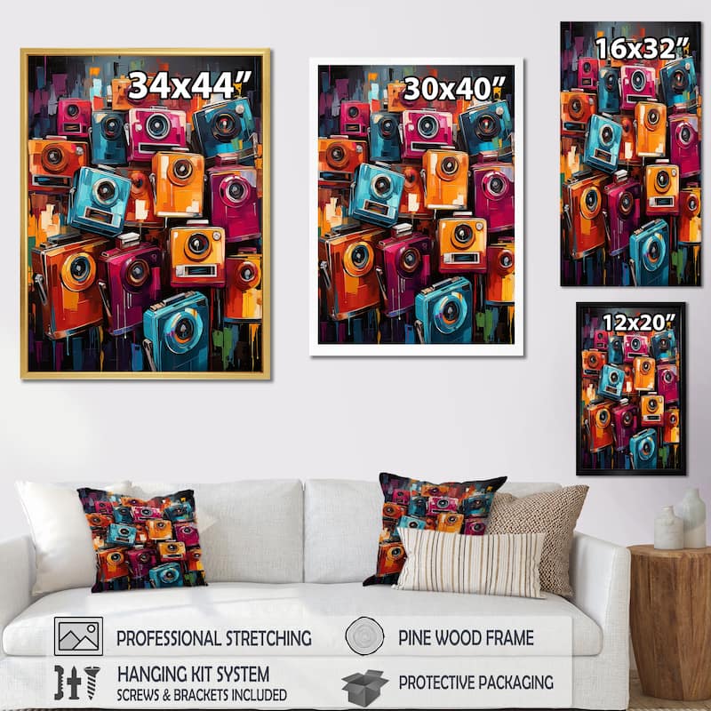 Designart "Popart Colorful Cameras " Pop Art Framed Wall Decor