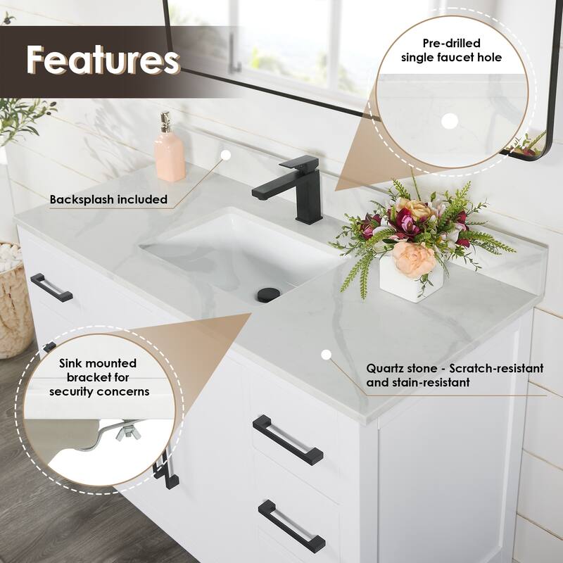 Altair Laurel Bath Vanity with Calacatta White Quartz Stone Countertop without Mirror