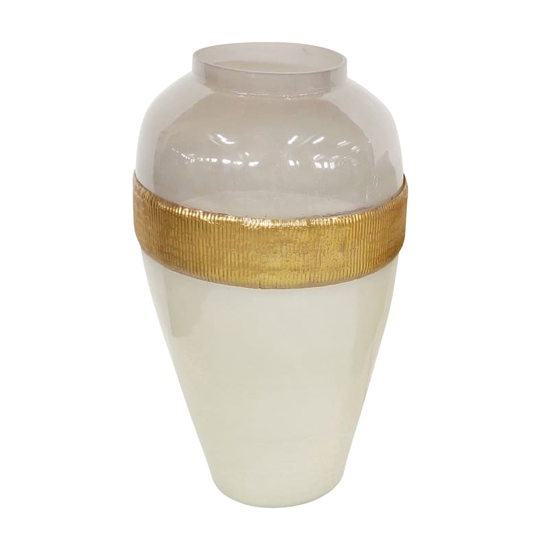 21" Ginger Vase Contemporary White and Gold Glass Vase with Brass Accents Table Decor For Home, Office, Event Floral - 12" x 12" x 21" - White