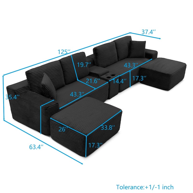 125" L Shaped Sectional Sofa with 2 Ottomans, Cloud Corduroy Couch with Deep Seat, Cup Holders and USB Ports