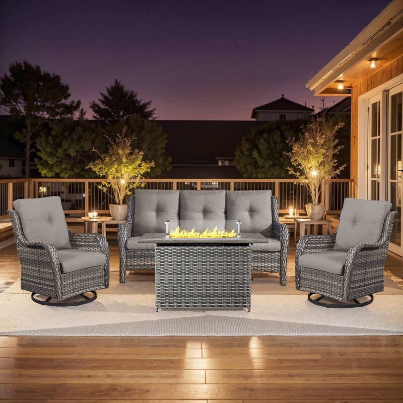 Fire Pit Table with Patio Glider Chairs Sofa Set - Grey - Grey