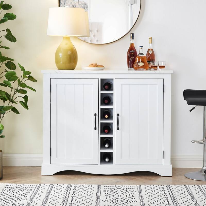 47" Marbling Countertop Buffet Bar Cabinet w/ Glass Holders