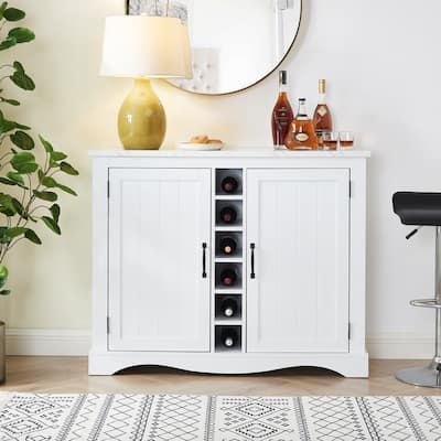 47" Marbling Countertop Buffet Bar Cabinet w/ Glass Holders